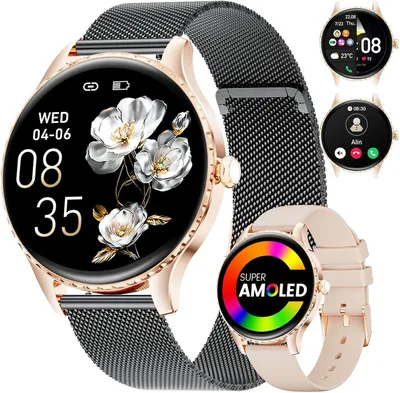 Smartwatch Damen 2025 mit 1,32'' AMOLED Display, Telefonfunktion, IP68 Wasserdicht, 100+ Sportmodi, Schrittzähler, Frauengesundheit iOS Android
