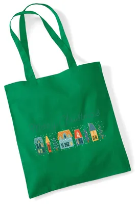 Produktbild von Huuraa Jutebeutel Merry Christmas Weihnachtsdorf 10 Liter Kelly Green Baumwolle Tasche Geschenkidee