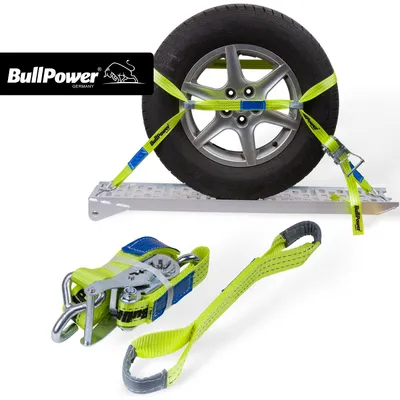 Produktbild von 1x BullPower Spanngurt AZG151 - Autotransport PKW Zurrgurt Reifengurt Transportsicherung 35mm - LC 3000 kg / daN mit Trapezband, Ratsche und Haken