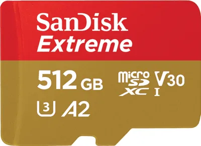 A close-up, front-facing view of a SanDisk Extreme 512GB microSDXC memory card.