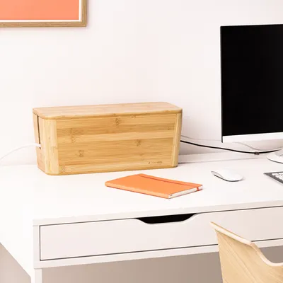 Produktbild von Navaris Bambus Kabelbox mit Deckel - Organizer für Kabel 39x16x16cm - Kabeldose Ordnung - Box Kabelaufbewahrung Schreibtisch PC TV - XL Kabelsammler -