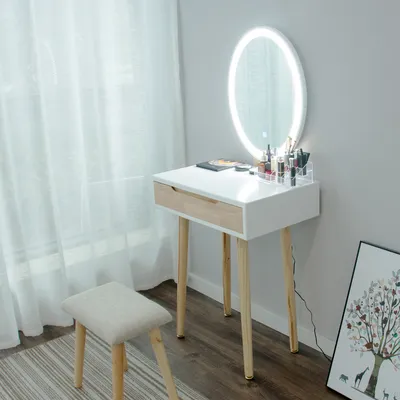 Produktbild von Puluomis Schminktisch mit LED Beleuchtung Spiegel, Kosmetiktisch Frisiertisch mit gepolstertem Hocker und Schubladen, 3 Beleuchtungmodi, Holzfarbe