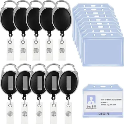 Zdjęcie produktu dla 10 szt. etui na karty z wysuwanym paskiem, etui z twardego plastiku z karabińczykiem, etui na karty w układzie poziomym