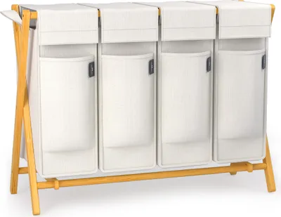 Image de AdelDream Panier à linge 4 compartiments,200 L,Bambou Collecteur de linge Système de tri du linge en X Gris clair