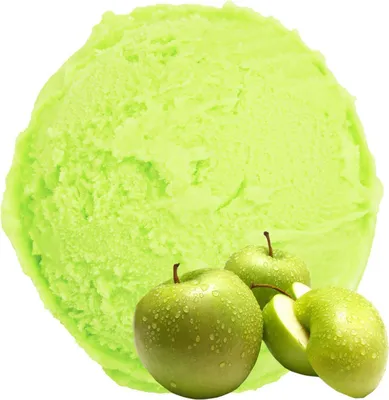 A scoop of green apple flavored ice cream with three green apples in the foreground.