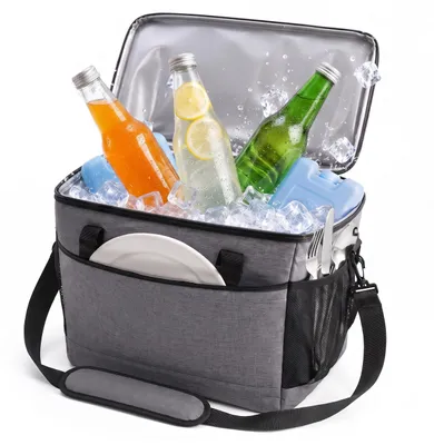 Productafbeelding van Relaxdays Koeltas, 30 liter, waterdicht, met 2 handgrepen en een band, geschikt voor strand, camping en picknick, grijze picknicktas, AI-gegenereerde afbeelding