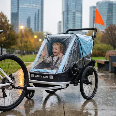 Produktbild von Fahrradanhänger Buggy, Kinderfahrradanhänger 2-Sitzer 2-in-1, Oxford-Stahl, Blau  |  klappbar  |  20 Zoll Lufträder  |  155x82x102 cm