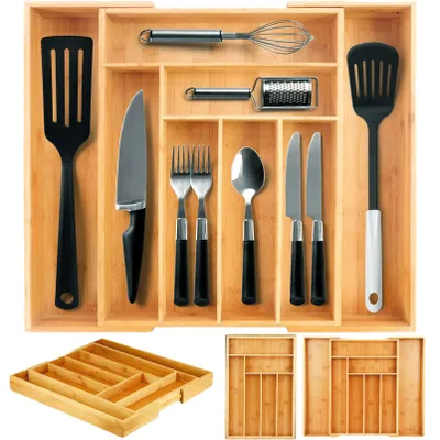Produktbild von Besteckorganizer, Bambusholz, 55 cm, 6-8 Fächer, Spülmaschinenfest, Elegantes Design