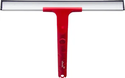 A red and black Vileda window squeegee is shown against a white background.