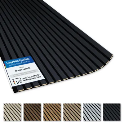 Produktbild von AKUSTIKO Lamella Akustikpaneele 4 Stück 280x60cm - flexible Filz MDF Wandpaneele fugenlos - überlappende Holz Lamellenwand, TV Rückwand - Anthrazit Wandverkleidung (6.72m² Anthracite Ash)