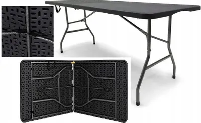 A collage of images showing a black folding table from different angles, including a close-up of the textured surface and the folded state.