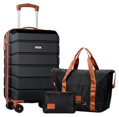 Produktbild von Handgepäckkoffer, Kleiner Handgepäckkoffer, ABS-Hartschale, Spinner-Rollen, mit Reisetasche und Kulturbeutel, 20-Zoll-Set, schwarz