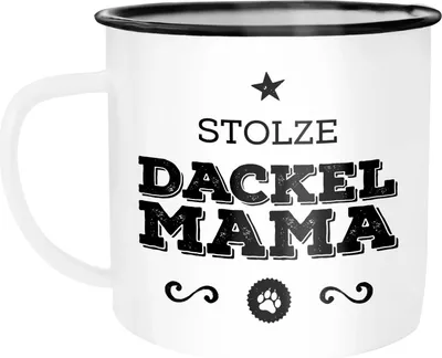 Produktbild von Emaille Tasse Becher Stolze Hunde-Mama Hunde Besitzerin Hundebesitzer Rassen Kaffeetasse Moonworks® Dackel weiß-schwarz unisize