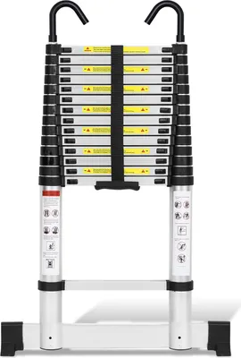 Produktbild von Bettizia Aluminium Teleskopleiter 4,4M Silber, Leiter Ausziehbar mit Stabilisator und Abnehmbaren Haken, Klappleiter, Mehrzweckleiter, Stehleiter, Haushaltsleiter, Außenleiter, 150 kg Belastbarkeit