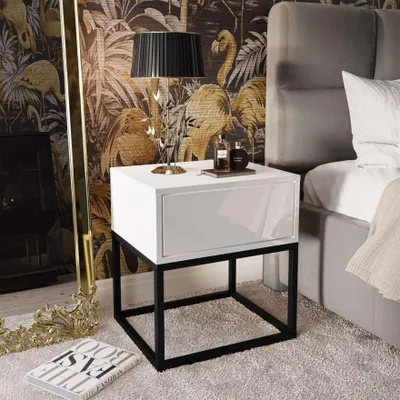 Produktbild von Nachttisch BLANCO LOFT II weiß Hochglanz auf schwarzem Gestell