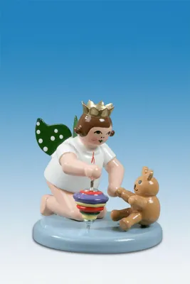 Produktbild von Holzfigur Engel kniend mit Kreisel und Teddy ohne Krone Höhe 6cm NEU