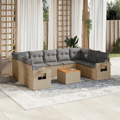 Produktbild von Design 10-tlg. Garten-Sofagarnitur mit Kissen Beige Poly Rattan, Gartenmöbel-Sets 2024 Neu