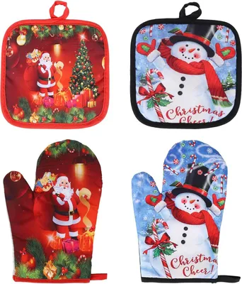 Produktbild von Ofenhandschuhe und Topflappen Set, 2pack Hitzebest?ndige Ofenhandschuhe Sš¹sser Weihnachtshandschuh fš¹r Kš¹che,Grillen,Weihnachten BBQ