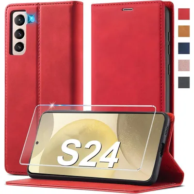 Obrázek produktu pro Obal na mobil Samsung Galaxy S24, červený, z umělé kůže, skládací s kapsou na karty