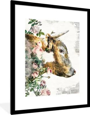 Produktbild von MuchoWow® Gerahmtes Poster Scottish Highlander - Blumen - Zeitungspapier 60x80 cm - Poster mit Schwarzem Bilderrahmen Wandposter Rahmen Foto Bilder - Wohnzimmer - Dekorationen - Prämie