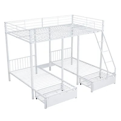Produktbild von Etagenbett mit Schubladen, Metallbettrahmen, umwandelbar in 140 x 200 Doppelbett und zwei 90 x 200 Einzelbetten, multifunktionales Metallrahmenbett,