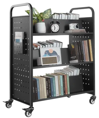 Immagine prodotto di Carrello porta libri VEVOR, portata 159 kg, carrello per biblioteca, 970x515x1225 mm, libreria a W bifacciale con rotelle a doppio freno, carrello di sgombero per soggiorno, ufficio, scuola, nero