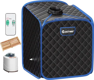 A collection of items for a home sauna setup, including the sauna tent, a remote control, a foot massager, and a steam generator.