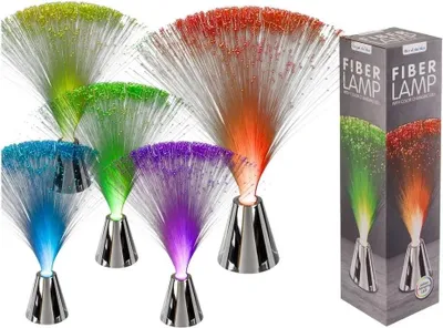 Several fiber optic lamps in different colors are displayed next to their packaging.