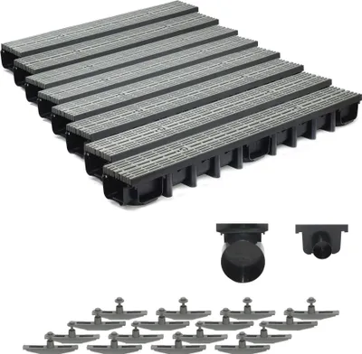 Produktbild von 8m Entwässerungsrinne für modulares System A15 98mm, komplett Stegrost Kunststoff, Grau Line