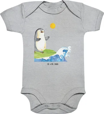 Produktbild von Mr. & Mrs. Panda babykleidung body Pinguin Surfer 12. - 18. Monat - Heather Grey - Geschenk, Babybody, Babystrampler, Hawaii, Strampler Baby, Optimistisch, Einteiler