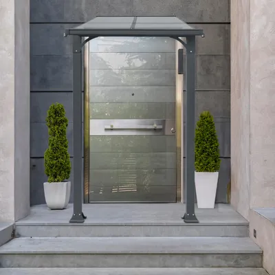 Produktbild von HOME DELUXE - Vordach Haustür CUBIS - Größe: Small - 148 x 150 x 258 cm - Anthrazit, Gestell: Aluminium, inkl. Polycarbonat Platten I Hautürvordach Pultdach Glasvordach