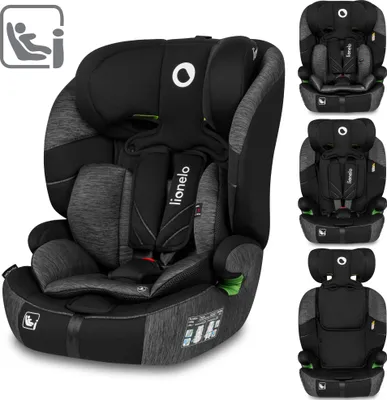 A black and gray car seat is shown from the front, with smaller images of the car seat in different configurations on the right.