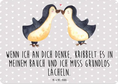 Produktbild von Mr. & Mrs. Panda Blechtafel Pinguine Kuss DIN A3 - Grau Pastell - Geschenk, Hochzeitstag, Freund, Schild, Wandbild, Valentinstag, für Frauen, Türschild, Blechschild