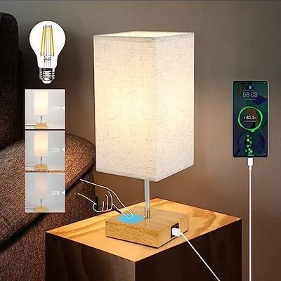 Obrázek produktu pro ZMH Stolní lampa dotyková stmívatelná USB vintage stolní lampa s funkcí nabíjení E27 s látkovým stínidlem