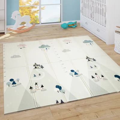 Produktbild von Spielmatte Krabbelmatte Baby Matte Faltbar Abwischbar Wendbar Tiere Creme Blau Gelb Grösse 180x200 cm