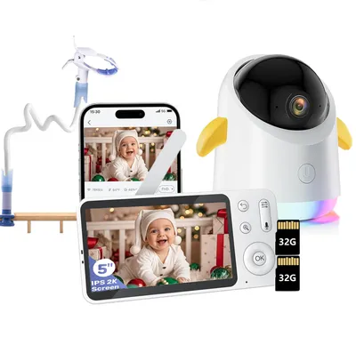 Image de babyphone 2K avec caméra APP 5" WLAN Vidéo Babyphone RVB vision nocturne pleurs/mouvement/détection de bruits affichage de la température avec support & carte 2*32G