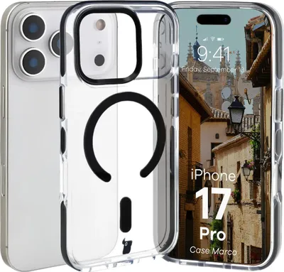 Produktbild von Handyhülle mit Magnetring für iPhone 17 Pro, Bizon Case Marco, Transparent mit schwarzem Rahmen
