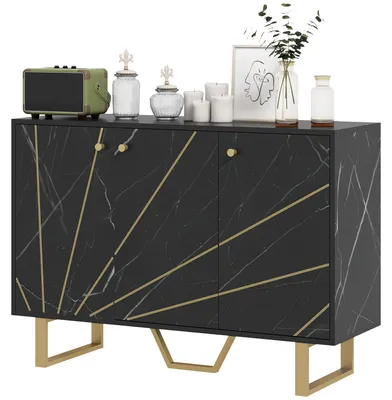 Produktbild von Wohnzimmer-Sideboard mit zwei dreitš¹rigen Schr?nken und verstellbarem Einlegeboden, Metallbeinen, schwarzer Marmoroptik