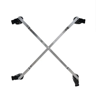 An X-shaped metal frame with black wheels at each end, isolated on a white background.