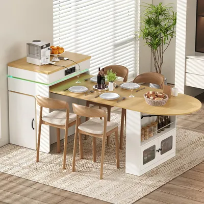 Produktbild von okwish Kücheninsel mit ausziehbarer Tischplatte und Steckdosenleiste, Bartisch mit LED und Schubladen, Sideboard in Weiß