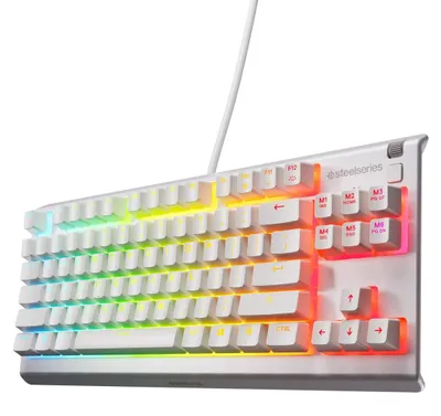 Immagine prodotto di Tastiera da gaming Apex 3 White RGB, design compatto senza tastierino numerico, illuminazione RGB a 8 zone, resistente all'acqua e alla polvere, estremamente silenziosa, layout QWERTZ tedesco, colore bianco