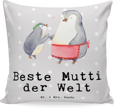 Produktbild von Mr. & Mrs. Panda Zierkissen Pinguin Beste Mutti der Welt - Grau Pastell - Geschenk, Deko Kissen, Kuschel, Ma, Dankeschön, Danke, 40x40, Kopfkissen, Polster, Sofakissen