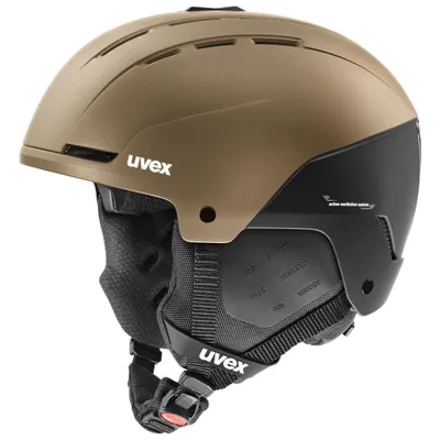 A studio shot of a brown and black Uvex ski helmet.