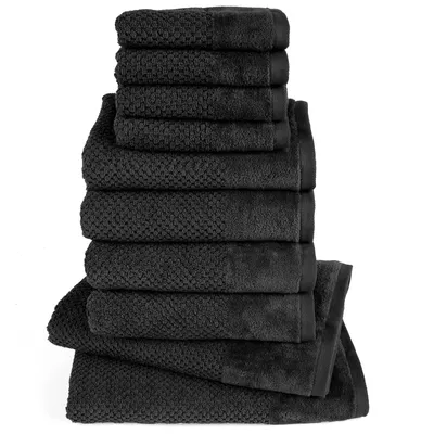 Produktbild von Pure Label 10-TLG Handtücher Set mit Aufhängeschlaufen aus Baumwolle - 2x Badetuch 70x140 cm 4x Handtuch 50x100 cm 4x Gästetuch 30x50 cm, Schwarz