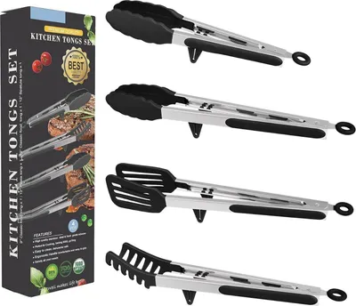 Immagine prodotto di set di 4 pinze da barbecue in silicone e acciaio inossidabile - pinze da cucina pinze da barbecue