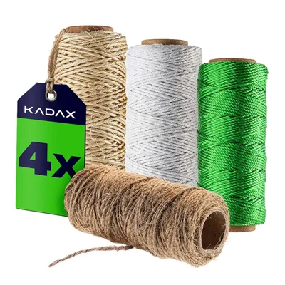 Produktbild von KADAX 4er Schnur Set – Juteschnur 30 m, Sisalseil 30 m, Polypropylen Paketschnur 55 m, Baumwollschnur 65 m – 1mm Schnüre für Garten, Basteln, Verpacken & DIY