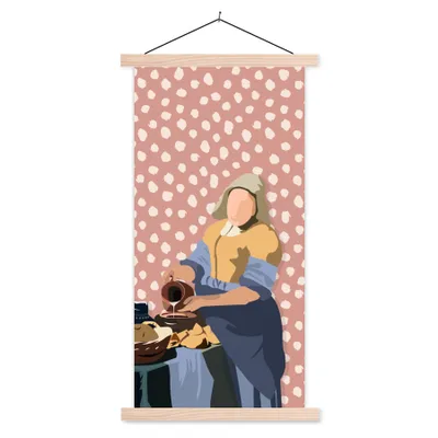 Produktbild von MuchoWow® Textilposter Pastell - Milchmädchen - Polka dots - Alte Meister 60x120 cm mit holzfarbenen Rahmen - Holz