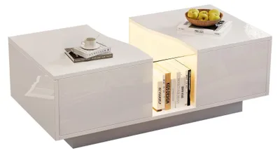 Image de Table basse LED - Table de salon - 105 x 50 x 36 cm, rectangulaire - Finition brillante - Espace de rangement - Barre lumineuse LED - Blanche