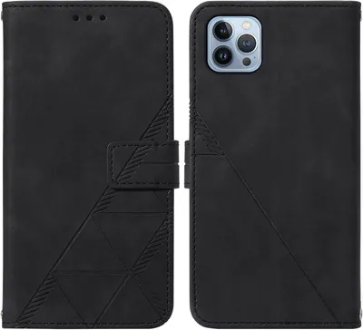 Image de Etui en cuir pour iPhone 14 Pro étui portefeuille design avec embossage, porte-cartes et support noir