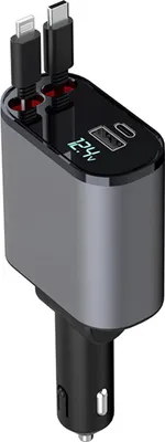 Produktbild von 100 W KFZ-Ladegerät mit Display, USB & Type-C, ausziehbares Schnellladekabel, QC3.0 / PD Fast Charging